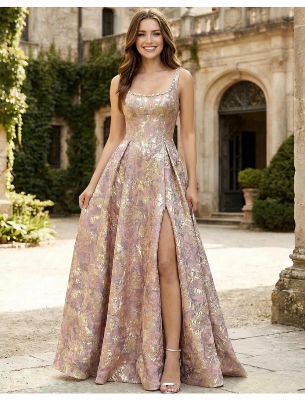 Metallic Pink Gold Brocade Prom Dress with Thigh Slit